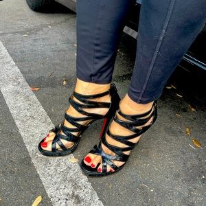 Christian Louboutins black patent leather strappy 4 1/2 stilettos